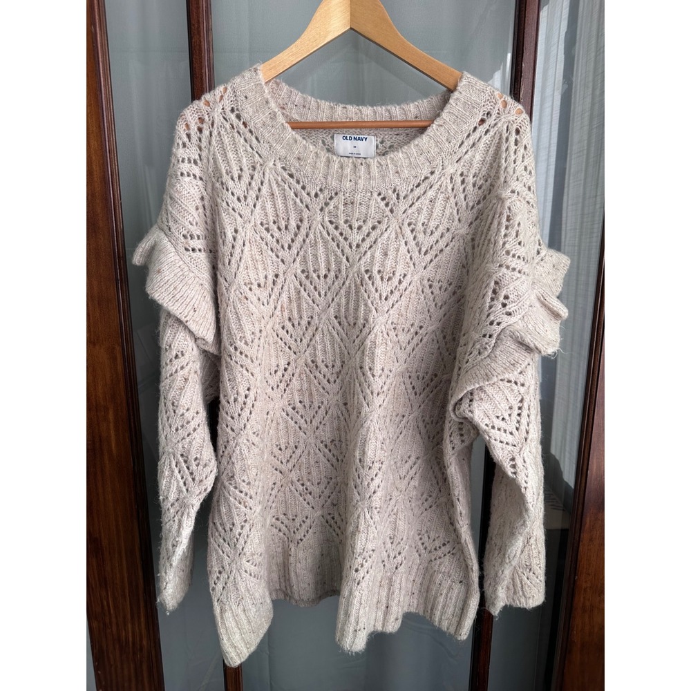 Old Navy Womens 3X Beige Pointelle Diamond Knit Ruffle Shoulder Sweater Oatmeal
